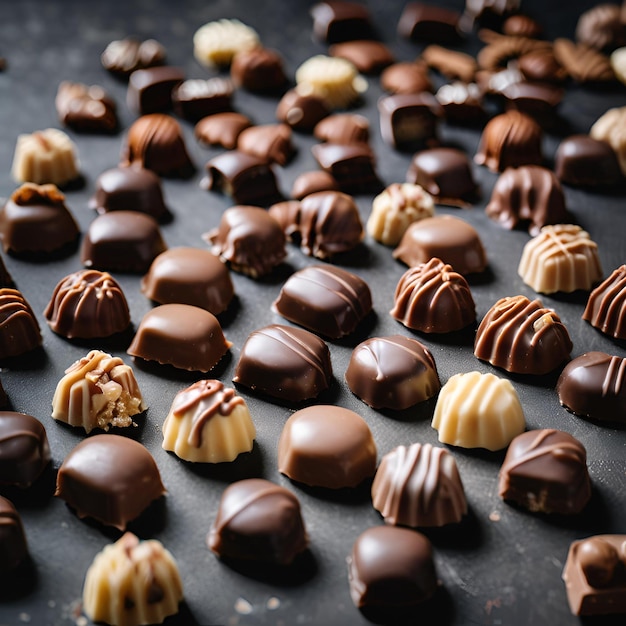 Photo closeup of many chocolate candies on dark background