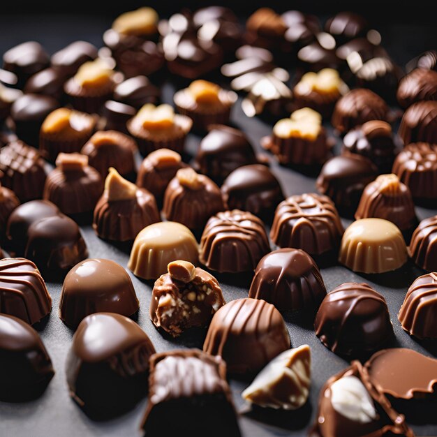 Photo closeup of many chocolate candies on dark background