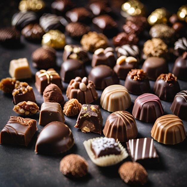 Photo closeup of many chocolate candies on dark background