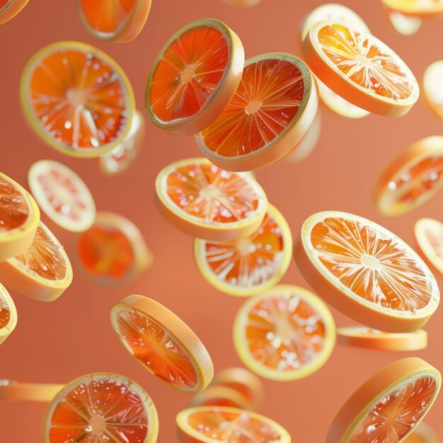 Photo closeup of many orange slices falling against a peach background