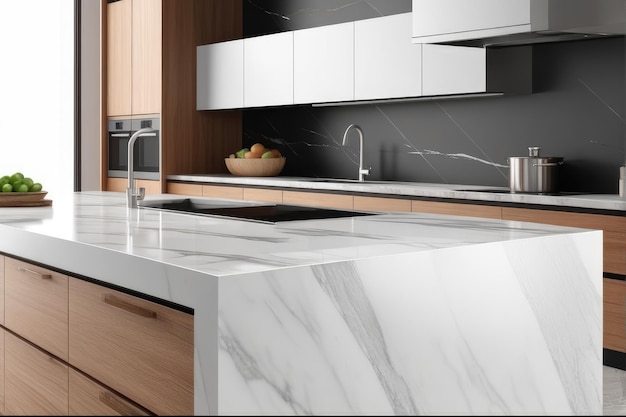 Closeup Marble granite kitchen counter island for product display on modern bright and clean kitchen space 3d rendering 3d illustration