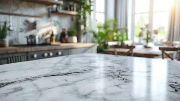 Closeup of a Marble Kitchen Countertop with Blurred Background