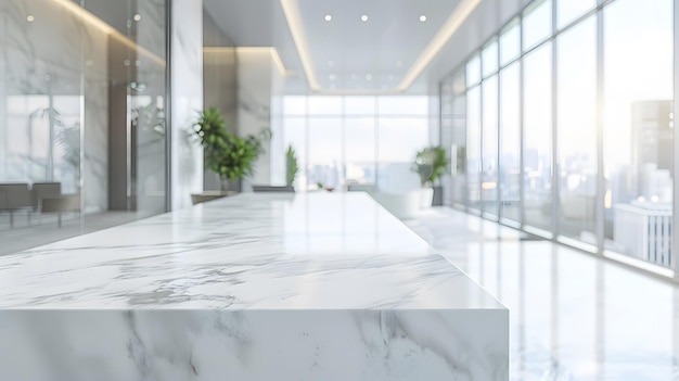 Photo closeup of a marble tabletop in a modern office with city views