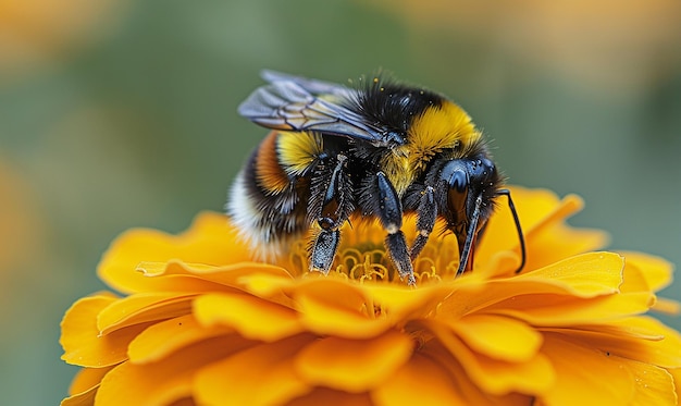 Closeup of Marigold with Bumblebee Transparent Background PNG PSD