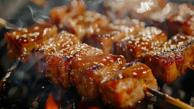 A closeup of marinated pork skewers grilling on a hot charcoal barbecue the meat caramelizing and emitting an irresistible aroma