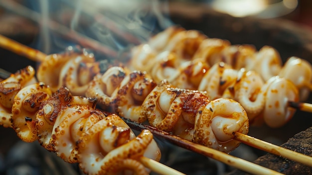 Closeup of marinated squid tubes grilling on skewers releasing aromatic flavors and creating a mouthwatering dish for seafood lovers