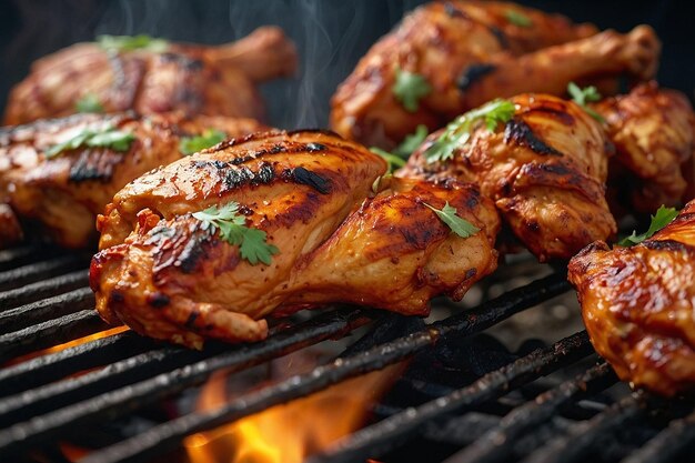 Closeup of marinated tandoori chicken on a grill