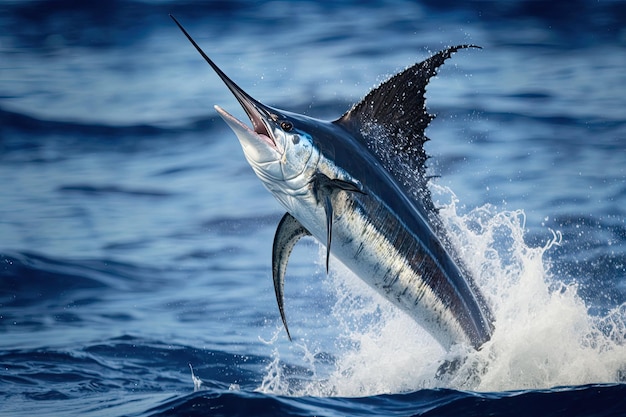 Closeup of marlin jumping its bill and fins visible