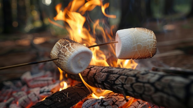 A closeup of marshmallows roasting over a campfire golden brown and gooey dark forest background warm and nostalgic vibe detailed photography