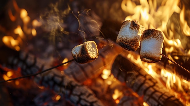 A closeup of marshmallows roasting over a campfire golden brown