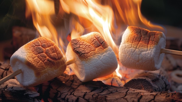 A closeup of marshmallows roasting over a campfire golden brown