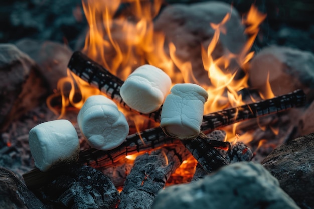 Closeup of marshmallows on skewers over a blazing campfire