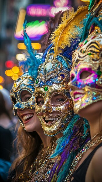 CloseUp of Masked Revelers on Bourbon Street during Mardi Gras