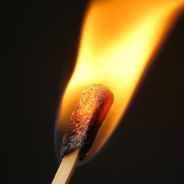 A closeup of a matchstick burning with a bright orange flame against a dark background