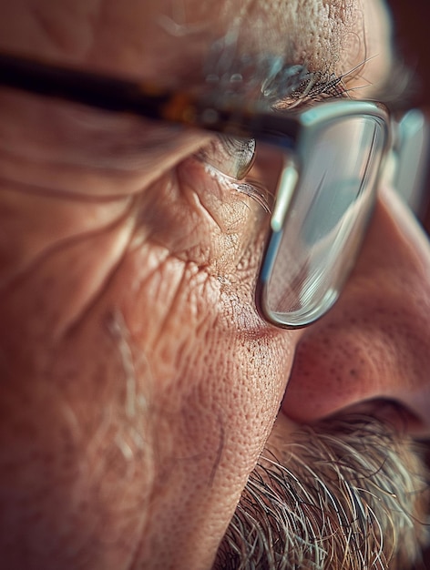 CloseUp of Mature Mans Face with Glasses Emphasizing Wisdom and Experience