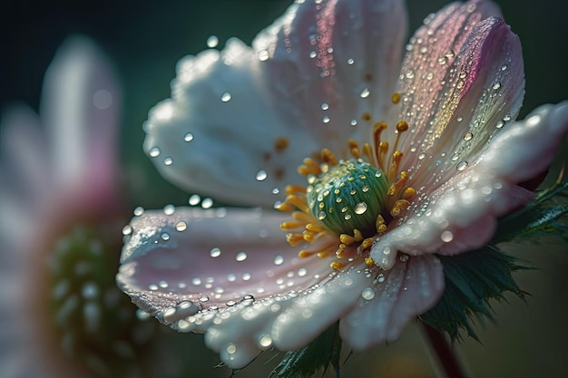 Closeup of meadow flower with dew drops on the petals