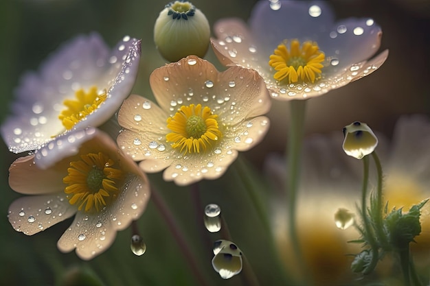 Closeup of meadow flowers with dew droplets on their petals