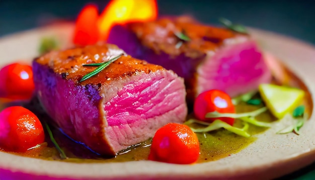 closeup meat meal with cherry tomatoes on white plate medium rare