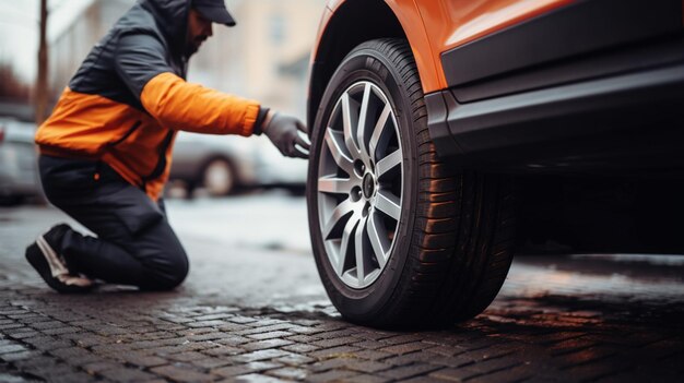 Photo closeup of mechanic examining car tire quality during preventive maintenance