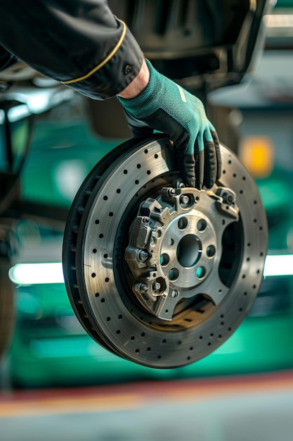 Photo closeup of mechanic installing new brake pads in welllit auto repair garage