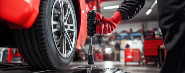 Photo closeup of a mechanic using a pneumatic tool on a car tire in an auto repair shop environment showcasing detailed work and automotive maintenance