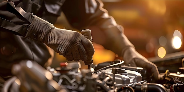 Closeup of mechanic39s hands fixing car engine in auto repair shop Concept Auto Repair Mechanic39s Hands Closeup Car Engine Workshop