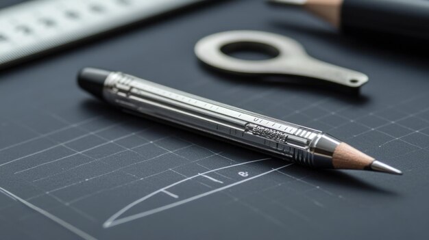 Photo a closeup of a mechanical pencil ruler and drafting tools on a dark background