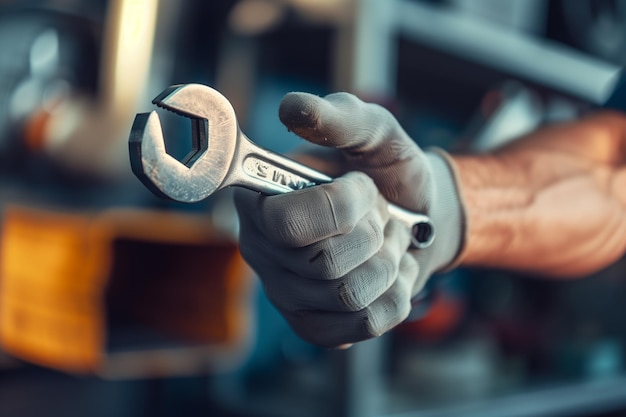 Closeup of a mechanics hand confidently holding a wrench in a car repair shop