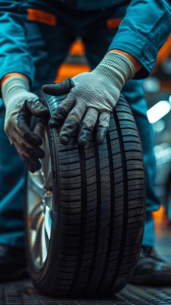 Closeup of a mechanics hands holding a new car tire during a routine maintenance check