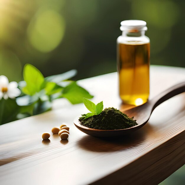 Closeup medical treatment with herbs oil on the table