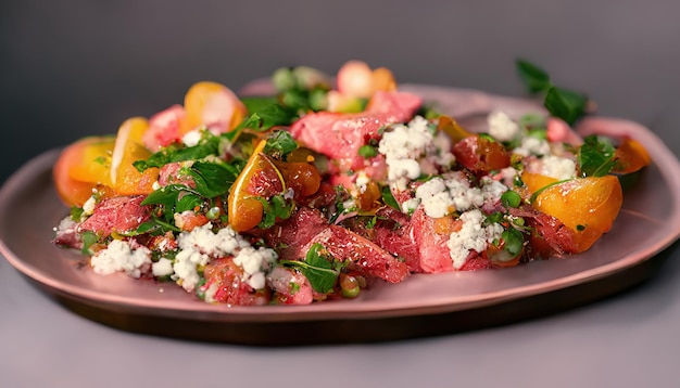 Closeup Medium Raw Beef Steak with Thai Style Herbs Beef aromatic