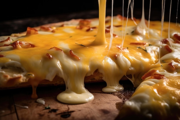 Closeup of melted cheese on a delicious homemade pizza