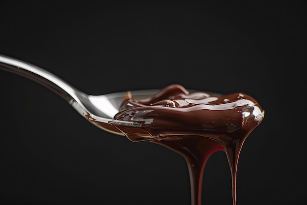 Photo closeup melted dark chocolate dripping from spoon over black background