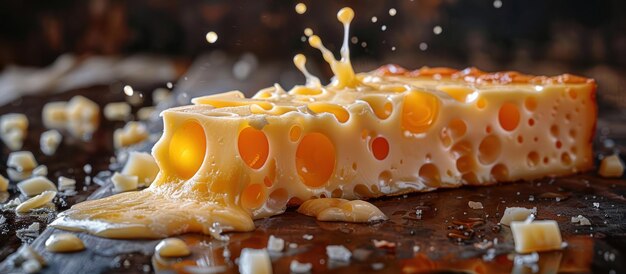 Photo closeup of a melted swiss cheese slice with holes