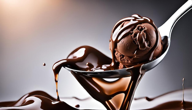 Closeup of a melting scoop of chocolate ice cream on a hot day