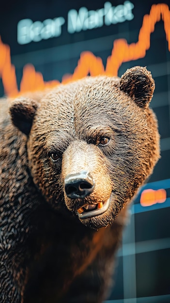 Photo closeup of a menacing bear statue in front of a stock market chart the bears sharp teeth and intense gaze symbolize the decline of the market