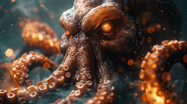 Photo closeup of a menacing deep sea creature with glowing eyes tentacles and a dark mysterious background