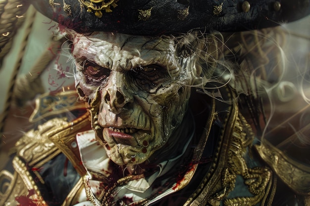 Closeup of a menacing undead pirate captain with elaborate costume details