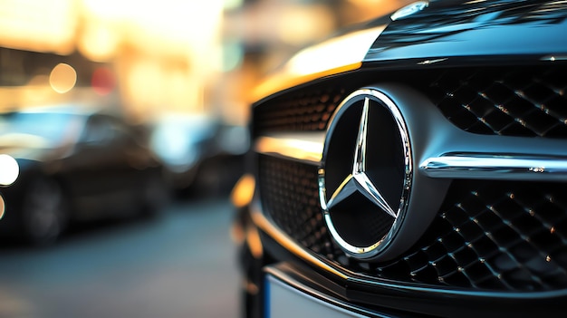 A closeup of a Mercedes Benz logo on the front of a car