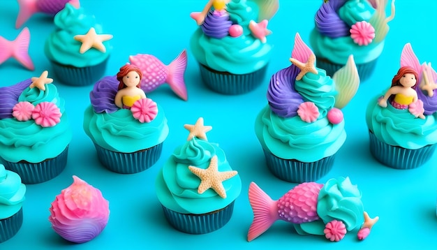 Photo a closeup of mermaid themed cupcakes with blue frosting and seashell decorations