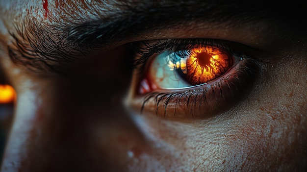 Photo a closeup of a mesmerizing eye with fiery orange hues capturing intense emotions and intricate details in dim lighting