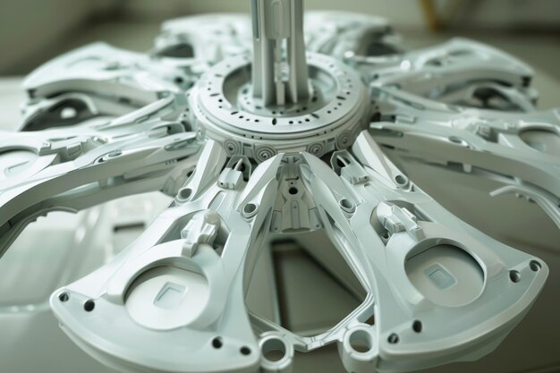 Closeup of metal object on a table detailing its intricate design and texture Assemble the blades of the turbine by attaching them securely to the central hub