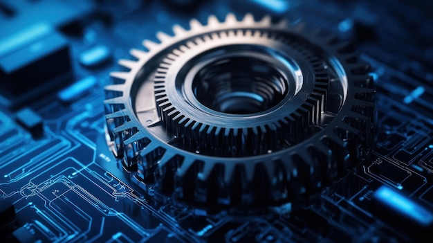 Photo a closeup of a metallic gear on a circuit board showcasing technology and engineering