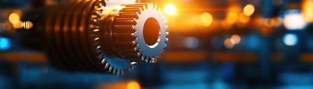 Photo closeup of a metallic gear with an industrial background showcasing precision engineering and craftsmanship in motion