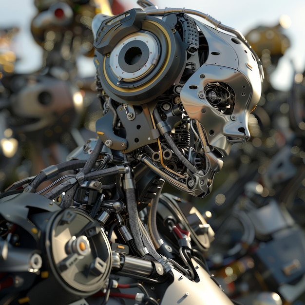 Photo closeup of a metallic robot head with intricate wiring and gears