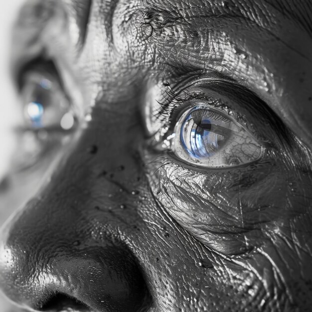 Photo closeup of a metallic textured human face with vivid blue eyes reflecting light abstract and captivating fine art photography