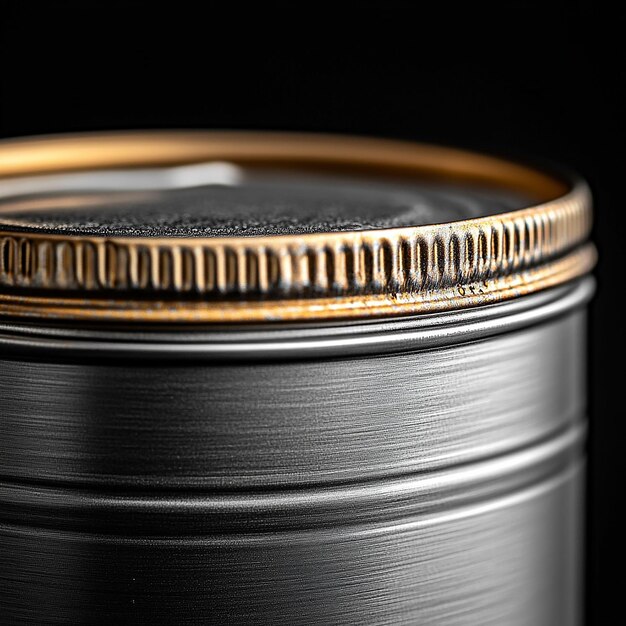 Photo closeup metallic tin can with realistic texture