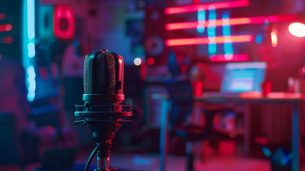 CloseUp of Microphone in Vibrant Modern Studio with Neon Lights and Various Instruments Micr