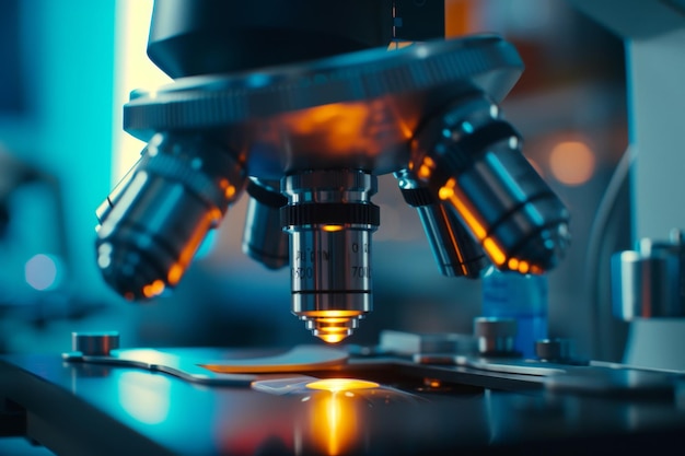 Closeup of microscope in laboratory setting