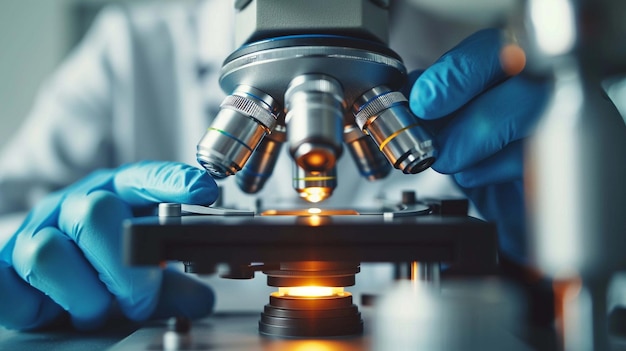 Closeup microscope lens used for scientific research in a laboratory a researcher in the background